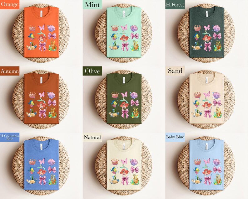 The image is a collage of nine different t-shirt designs, each with a unique color and pattern. The t-shirts are displayed on a woven basket, creating a visually appealing arrangement.