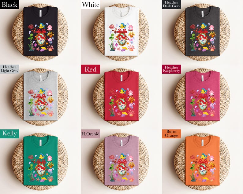 The image is a collage of nine different t-shirt designs, each with a unique color and pattern. The t-shirts are displayed on a woven basket, creating a visually appealing arrangement.