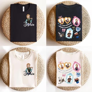 The image is a collage of four different t-shirt designs featuring the character "Sophia". The t-shirts are displayed on a woven placemat, showcasing the various designs and styles of the shirts.