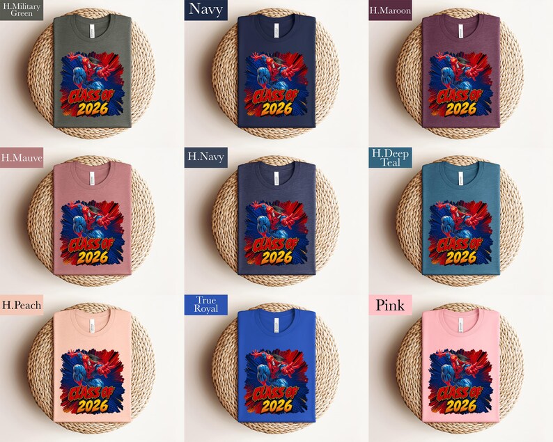 The image is a collage of nine t-shirts, each with a different color and design, arranged in a 3x3 grid. The t-shirts feature the same design, which includes a Spider-Man image and the text "CLASS OF 2026".