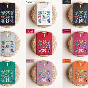 The image is a collage of nine t-shirt designs, each with a different color and pattern, displayed on a woven placemat.