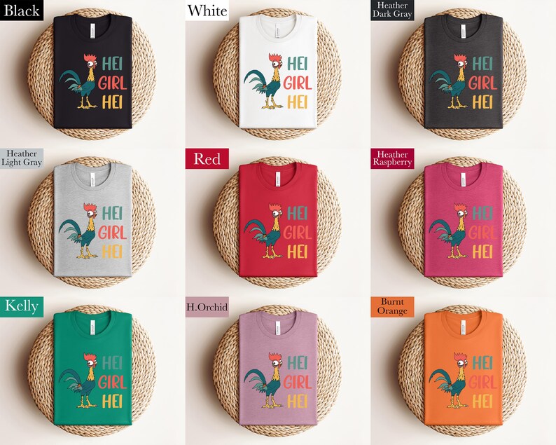 a collection of t-shirts with a colorful rooster design, each in a different color and size.