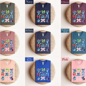 The image is a collage of nine t-shirt designs, each with a different color and pattern, displayed on a woven basket.