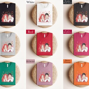 The image is a collage of nine different t-shirt designs, each with a unique color and style. The t-shirts are arranged in a 3x3 grid, with each design displayed on a round wicker plate. The designs include a black t-shirt, a white t-shirt, a gray t-shirt, a red t-shirt, a pink t-shirt, a green t-shirt, a purple t-shirt, an orange t-shirt, a black t-shirt, a white t-shirt, and a gray t-shirt.