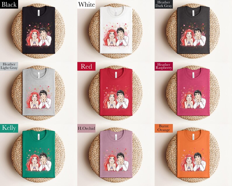 The image is a collage of nine different t-shirt designs, each with a unique color and style. The t-shirts are arranged in a 3x3 grid, with each design displayed on a round wicker plate. The designs include a black t-shirt, a white t-shirt, a gray t-shirt, a red t-shirt, a pink t-shirt, a green t-shirt, a purple t-shirt, an orange t-shirt, a black t-shirt, a white t-shirt, and a gray t-shirt.