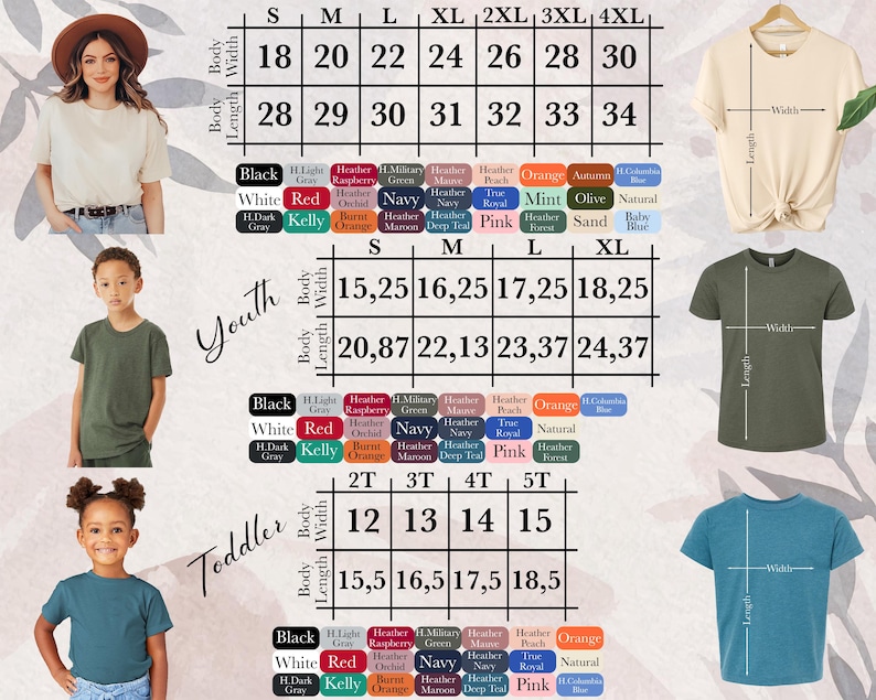 The image is a collage of various images, including a woman, a child, and different clothing items, along with size and color information for each.