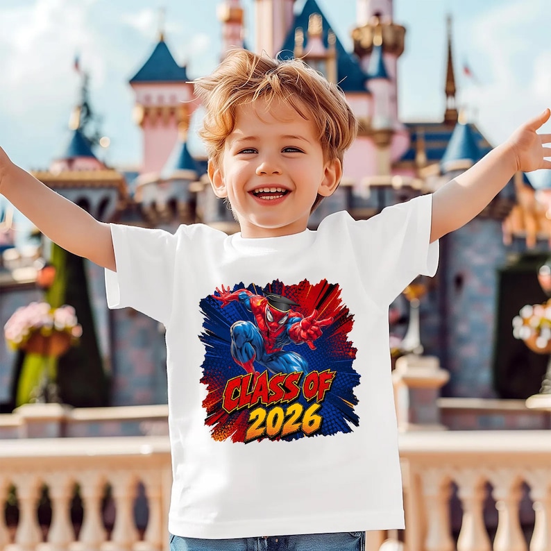 A young boy wearing a white t-shirt with a Spider-Man graphic and the text "CLASS OF 2026" printed on it, smiling and having his arms raised.