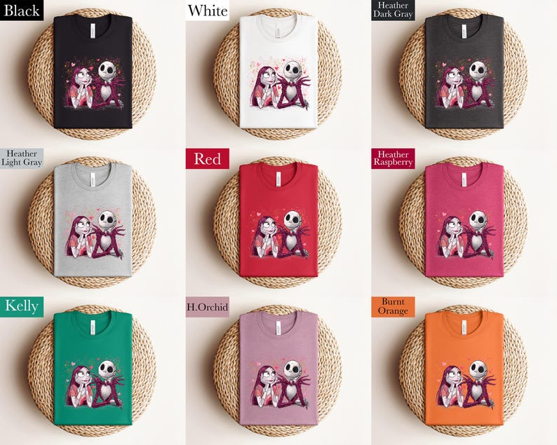 The image is a collage of nine t-shirt designs featuring cartoon characters, including Jack Skellington and other popular characters from the Jack Skellington franchise. The t-shirts are displayed in various colors and styles, showcasing the different designs and color options available for the Jack Skellington t-shirt.