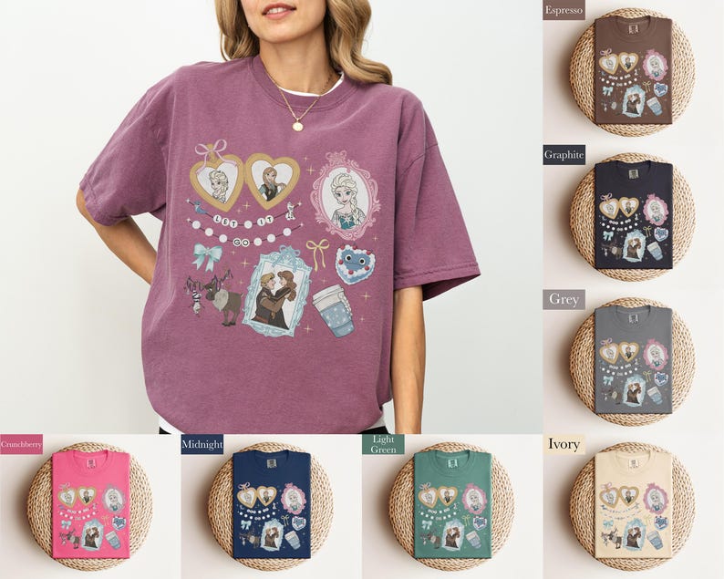 A woman wearing a purple t-shirt with various cartoon-style illustrations and text, including characters and objects such as hearts, cups, and a clock.