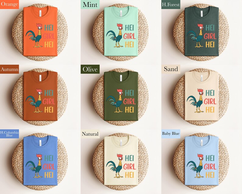 The image is a collage of nine different t-shirt designs, each with a unique color and a cartoon rooster. The designs include orange, mint, green, olive, sand, natural, baby blue, and a blue t-shirt.