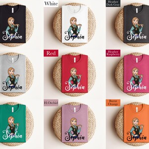 The image is a collage of nine t-shirts, each featuring a different color and design, with the name "Sophia" printed on them.