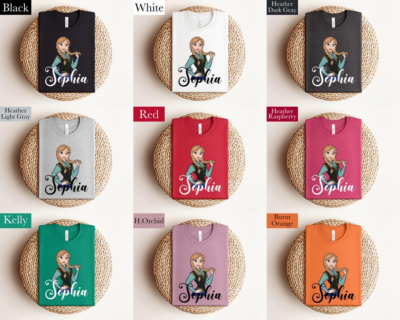 The image is a collage of nine t-shirts, each featuring a different color and design, with the name "Sophia" printed on them.
