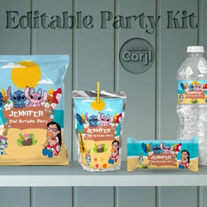 Lilo & Stitch Editable Label Bundle, Stitch and Angel Party Kit, Printable Disney Party Design Pack, Custom Birthday Party Decoration, 0001