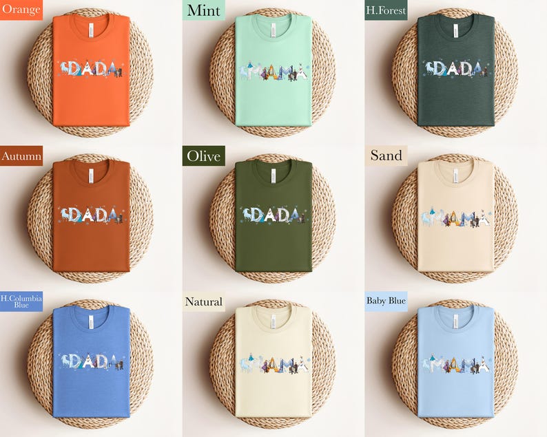 a collection of t-shirts in various colors, including orange, mint, green, olive, sand, blue, natural, and baby blue.