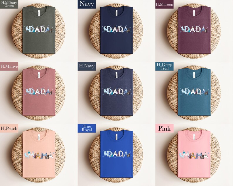 a collection of t-shirts with the word "SPADA" printed on them, arranged in a grid pattern. The t-shirts come in various colors, including navy, green, pink, blue, and purple.