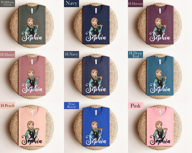 The image is a collage of nine t-shirts, each featuring a different color and design, with the name "Sophia" printed on them.