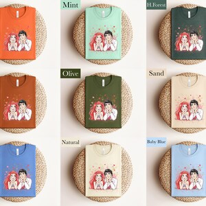 The image is a collage of nine different color-coded t-shirts, each with a unique design featuring a couple of people. The t-shirts are arranged in a 3x3 grid, with each row containing three shirts. The colors of the t-shirts are orange, mint, green, and forest, as well as orange, olive, sand, and baby blue.