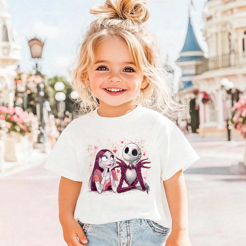 A young girl with blonde hair is smiling and wearing a white t-shirt with a graphic of two cartoon characters, Jack Skellington and Sally.