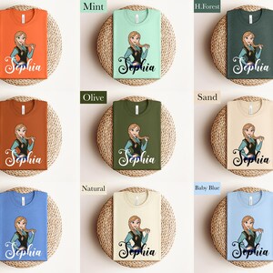 The image is a collage of nine different t-shirt designs featuring the character "Sophia" in various colors and styles.