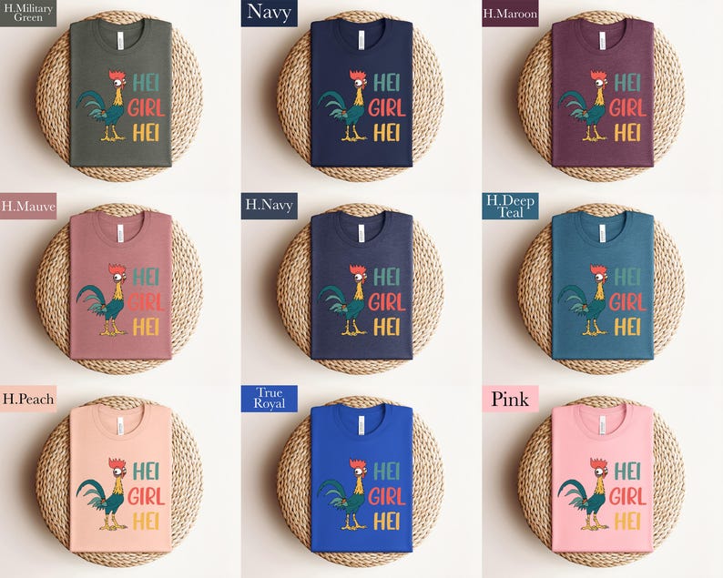 The image is a collage of nine shirts, each with a different color and design, arranged in a 3x3 grid. The shirts feature a cartoon rooster and the text "HEI GIRL HEI" printed on them.