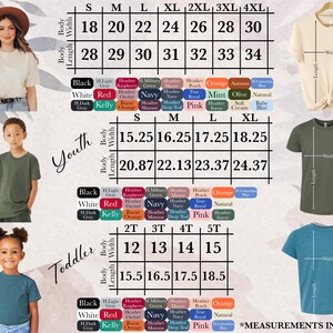 The image is a collage of various images, including a woman, a child, and different clothing items, along with size and color charts.