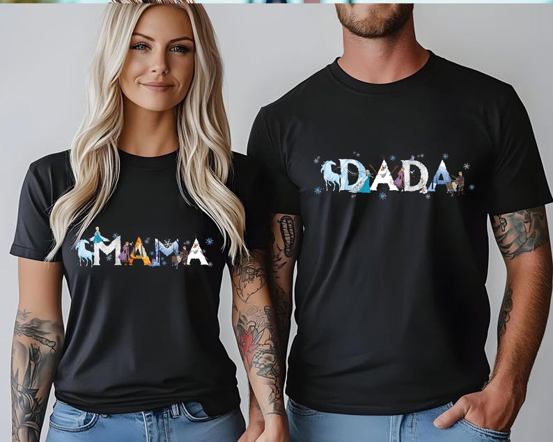 A woman with long blonde hair and a man wearing a black t-shirt with the word "Dada" printed on it.