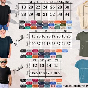 The image is a collage of various images, including a man wearing a black t-shirt, a young boy wearing a black t-shirt, and a young girl wearing a black t-shirt. The collage also includes a table with measurements for different sizes, such as "S", "M", "XL", "XXL", "2XL", and "4XL", as well as a list of different colors and styles of t-shirts.