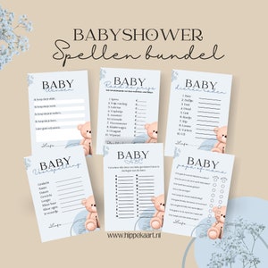 Spielepaket für Babypartys – Bärenthema – Junge – 6 einzigartige Spiele und Ausfüllkarten
