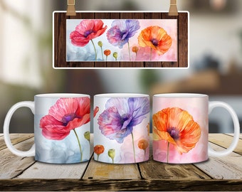 Watercolor Poppy Flower Mug, Poppies coffee cup, ceramic 11oz. mug, floral gift, botanical gift, rainbow flowers, pressed wildflowers