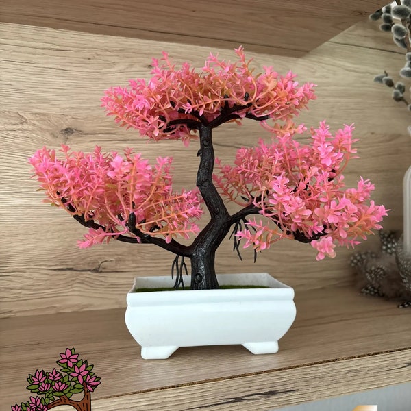 Artificial Bonsai Tree - Small Fake Plant with Pink Flowers in Pot - Elegant Potted Ornament for Home, Office Desk & Hotel Decor