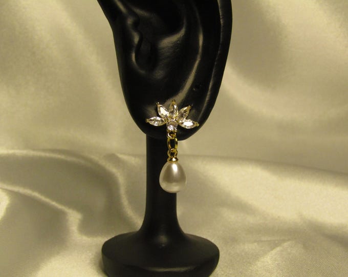 Featured listing image: Gold Cubic Zirconia Flower with Pearl Drop - Handmade