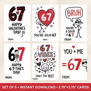 6 7 Valentine Cards for Tweens, Set of 6 Instant Download