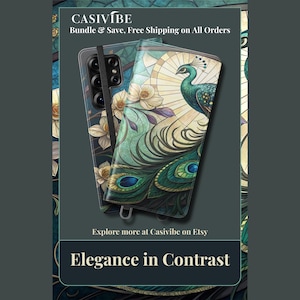 Capa tipo carteira para celular Peacock | Capa flip para iPhone e Samsung | Design floral com vitral | Estilo Art Nouveau | Presente elegante para ela