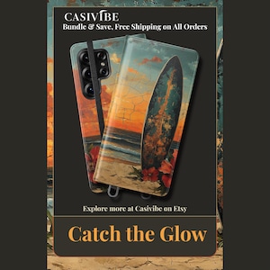 Vintage Surfboard Phone Wallet | Tropical Sunset Flip Case for iPhone and Samsung | Casivibe Beach Gift