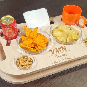 Personalized Wooden Couch Tray, Custom Sofa Snack Caddy with Cup Holder
