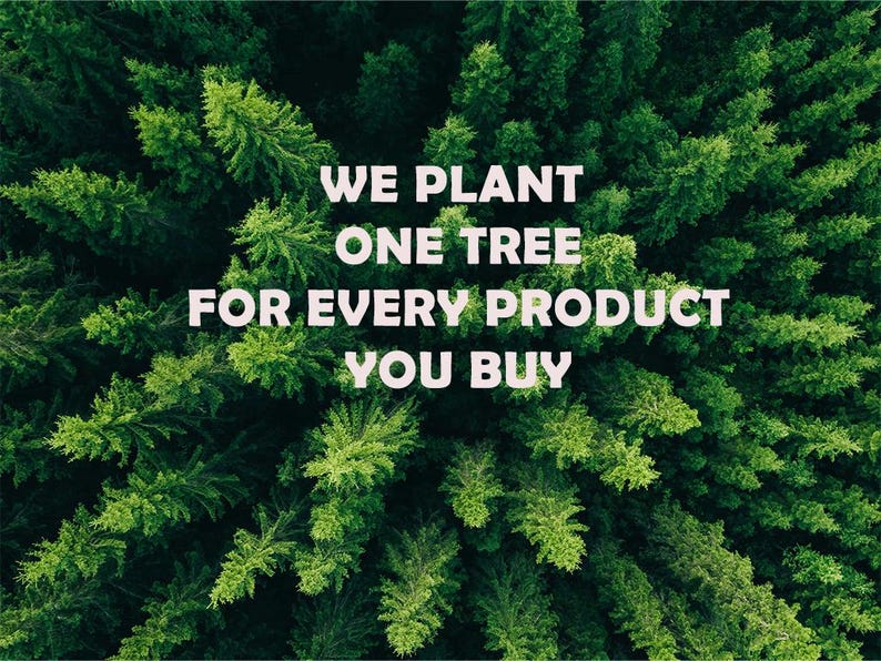 Puede incluir: Vista a&eacute;rea de un denso bosque de &aacute;rboles verdes. El texto blanco dice: "PLANTAMOS UN &Aacute;RBOL POR CADA PRODUCTO QUE COMPRAS."