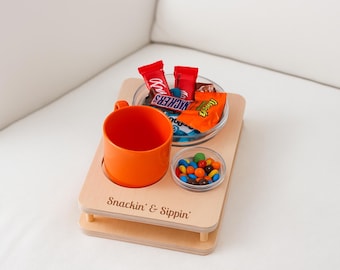 Personalized Couch Snack Bar with Drink Holder, Sofa Tray with 2 Glass Bowls