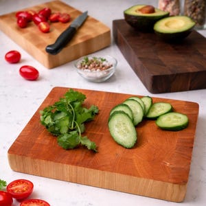 Puede incluir: Varias tablas de cortar de madera con alimentos. Una tabla tiene aguacates cortados por la mitad, otra tiene pepinos y cilantro en rodajas, y una tercera tiene tomates cherry y un cuchillo. Las tablas son de diferentes colores y tama&ntilde;os.