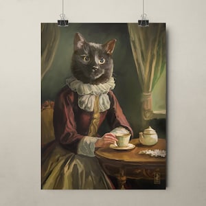 Victorian Lady Cat Art Print Elegant Cat Drinking Tea Vintage Animal ...