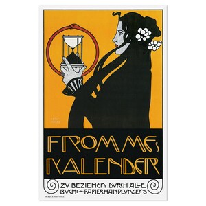May include: Art nouveau poster with a woman holding an hourglass inside an ouroboros. The poster has a yellow background and black text reading "FROMME'S KALENDER". The woman has long black hair and white flowers in her hair. The poster is framed.