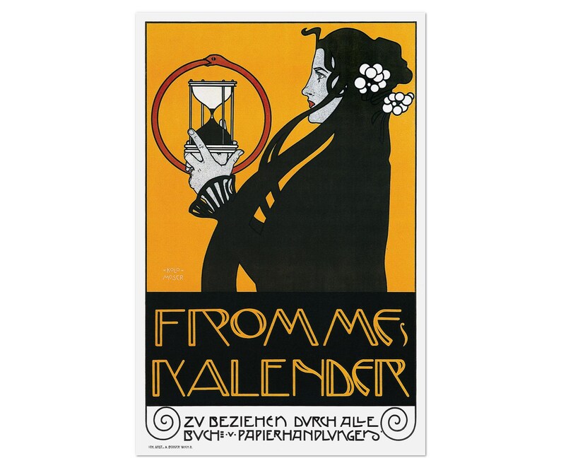 May include: Art nouveau poster with a woman holding an hourglass inside an ouroboros. The poster has a yellow background and black text reading "FROMME'S KALENDER". The woman has long black hair and white flowers in her hair. The poster is framed.