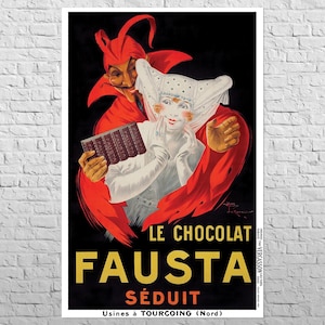 May include: A vintage advertisement for Fausta chocolate featuring a red devil character and a woman in a white costume. The text reads "Le Chocolat Fausta Séduit" and "Usines à Tourcoing (Nord)".
