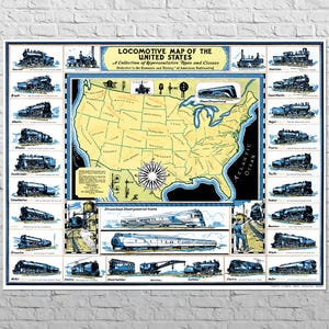 Mappa delle locomotive USA, 1935 / 30x23" Grande formato / Decorazione murale vintage