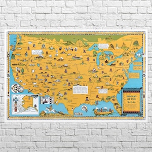 May include: A vintage map of the U.S.A. titled "Indians of the U.S.A." in a decorative frame. The map features illustrations of Native American life and culture, with a yellow and blue colour scheme.