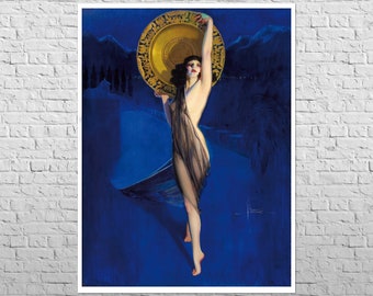 以下が含まれることがあります： 透き通るような黒いドレスを着た女性が、頭上に大きく丸い金の皿を持っている。背景は濃い青で、遠くには山脈が見える。