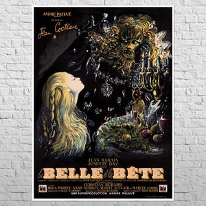 May include: A vintage film poster for the French movie "La Belle et la Bête" (Beauty and the Beast) featuring a portrait of a woman with long blonde hair and a beast with a crown of thorns. The poster is in black and white with a yellow and gold colour scheme.