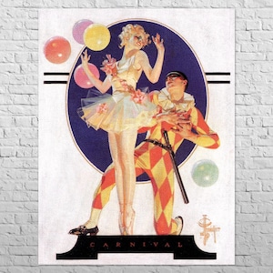 May include: A vintage illustration of a woman in a white tutu and a man in a harlequin costume. The woman is holding a blue and white balloon and the man is holding a red and white balloon. The background is a blue and white circle with the word "CARNIVAL" printed at the bottom.