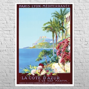 Póster Riviera Francesa y Cap Martin, década de 1920 / 58 x 84 cm, tamaño grande A1 / Arte mural de viajes antiguo