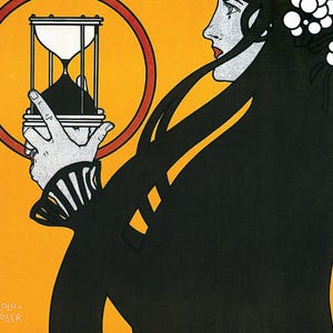 May include: Art nouveau poster showing a woman with long black hair and white flowers, holding an hourglass within a red circle on a yellow background. The artist's name, Kolo Moser, is at the bottom of the image.