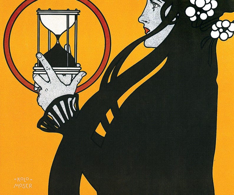 May include: Art nouveau poster showing a woman with long black hair and white flowers, holding an hourglass within a red circle on a yellow background. The artist's name, Kolo Moser, is at the bottom of the image.